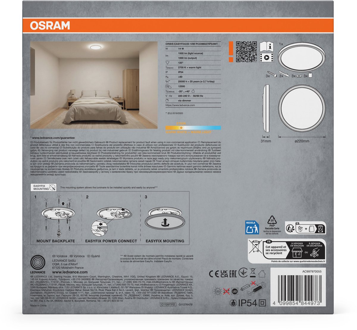 OSRAM plafondlamp wit, 2700 K, warm wit, 1000 lm, 14 W, 22 cm Ø, polypropyleen (PP), 120° stralingshoek, levensduur van 25.000 u, 220-240 V
