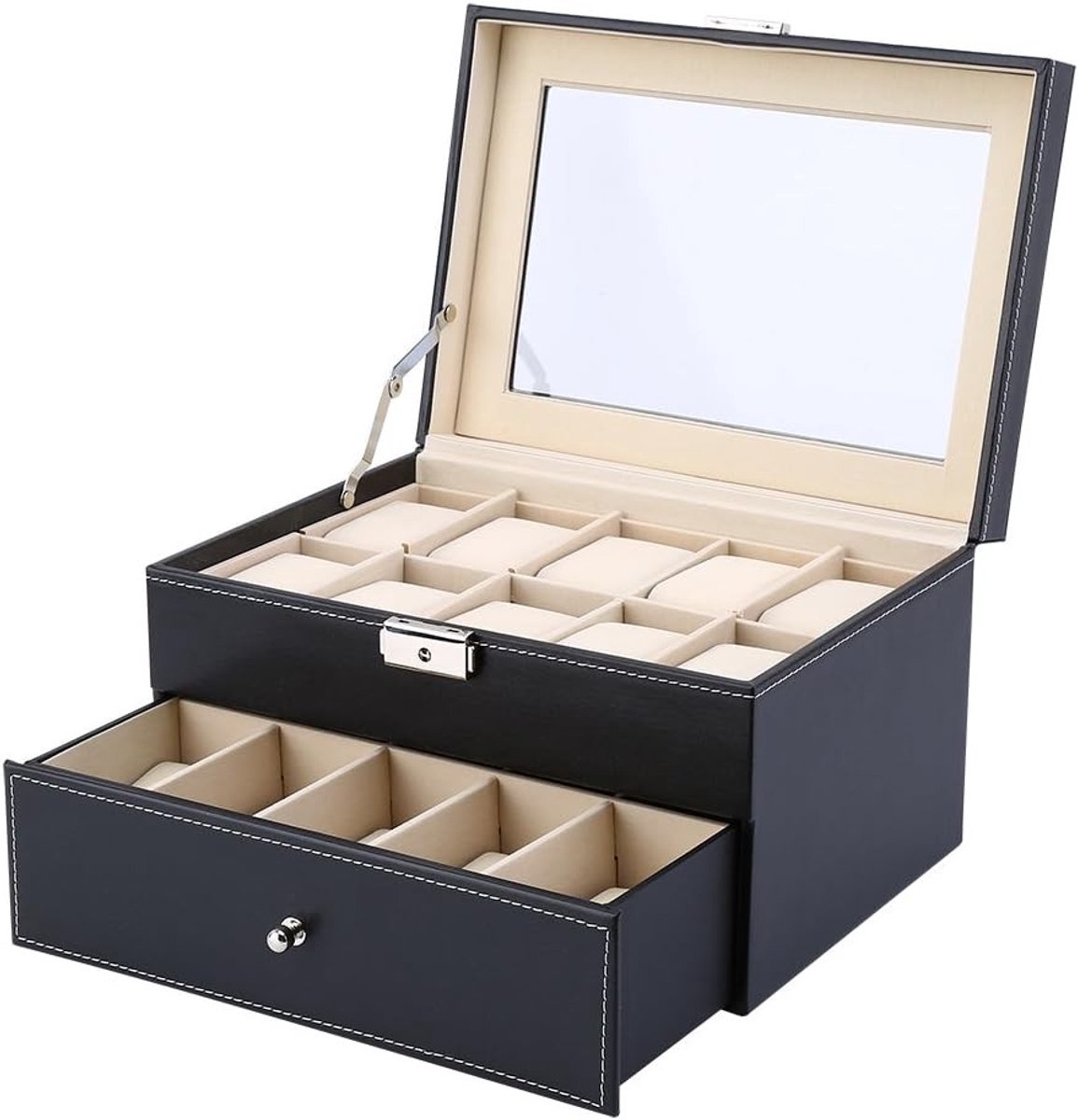 Houten Horloge Doos voor 6 tot 24 Horloges, PU Leer, Luxe Opbergruimte met Zachte Voering