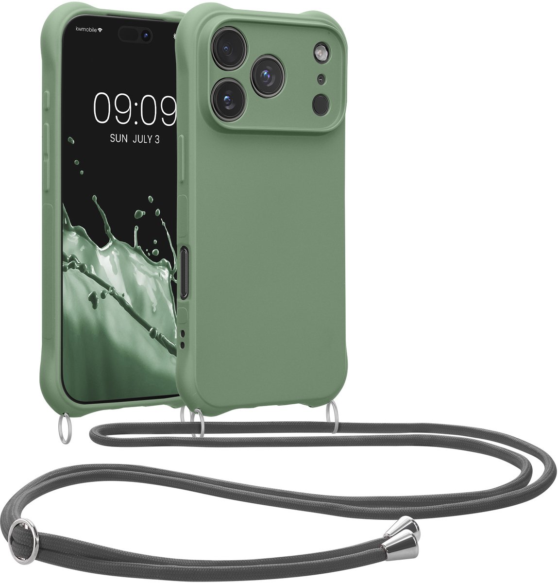 kwmobile telefoonhoesjegeschikt voor Apple iPhone 18 Pro / iPhone 17 Pro - Hoesje van siliconen met telefoonkoord - In grijsgroen