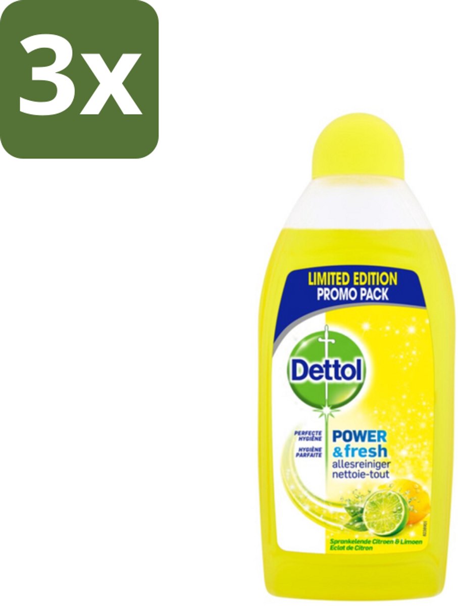 3 x Dettol Power & Fresh Allesreiniger Citrus 500 ml - Allesreiniger - Vet Verwijderen - Voedselresten Verwijderen - Badkamervuil Verwijderen - Citroengeur