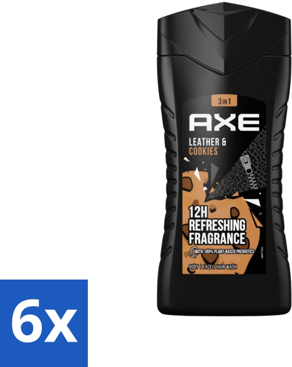 6 x Axe - 3-in-1 Douchegel - Leather & Cookies - 100% Plantaardig - 250 ml - Douchegel - Geur - Lichaam - Gezicht - Haar
