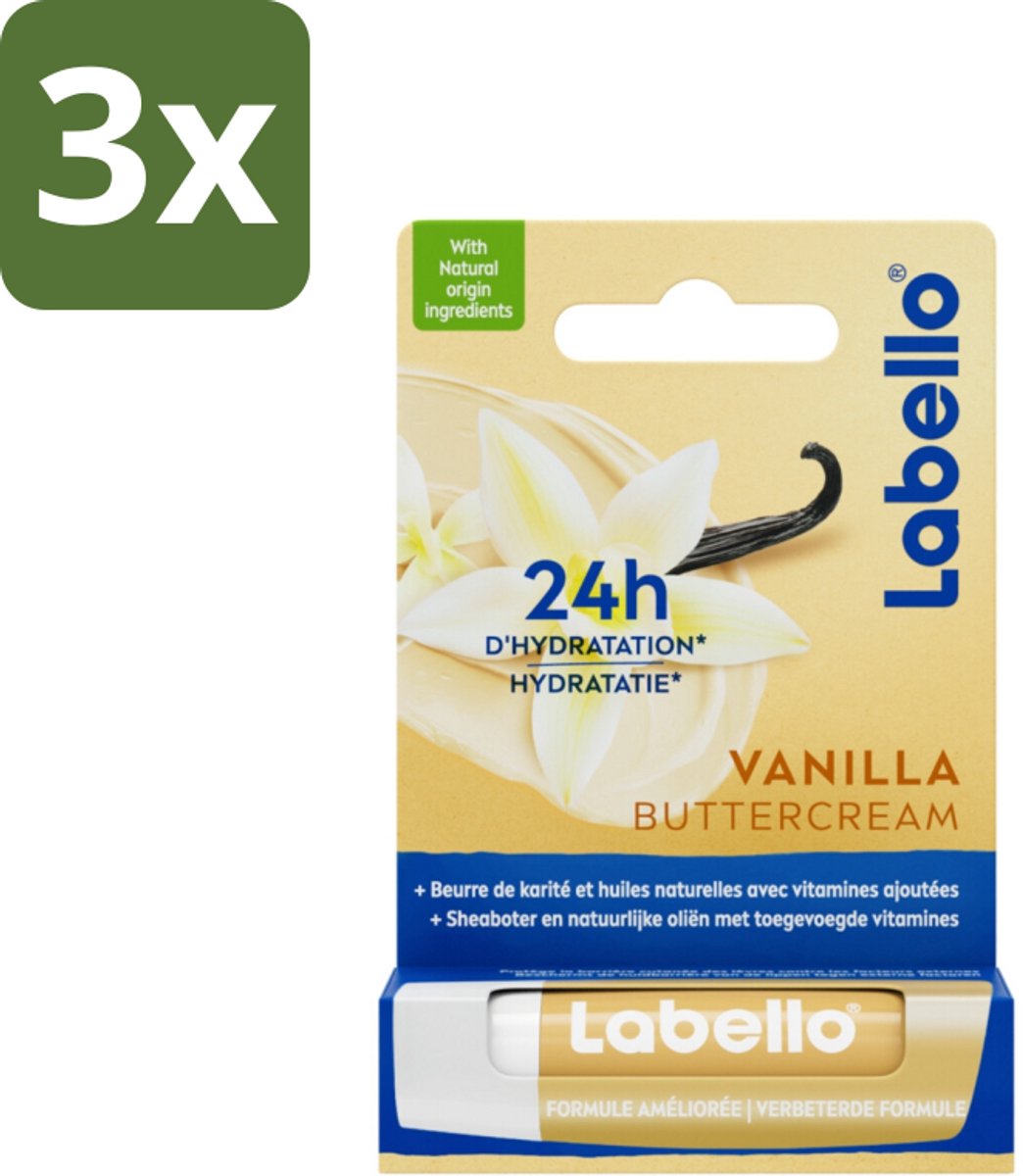 3 x Labello Lippenbalsem Vanilla Buttercream 4.8 gr - Lippenbalsem - Vanille - Hydratatie - Sheaboter - Lippen Verzorging