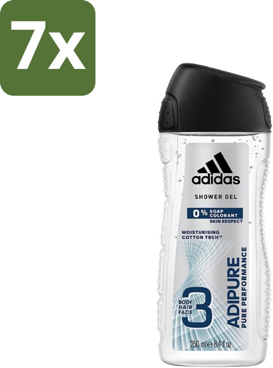 7 x Adidas - 3-in-1 Douchegel - Adipure Pure Performance - Huidvriendelijk - 0% Zeep Kleurstof - 250 ml - Adidas Adipure Douche & Shampoo - 0% Zeep - Huidvriendelijk - Lichaam En Haar Verzorging - Dermatologisch Getest