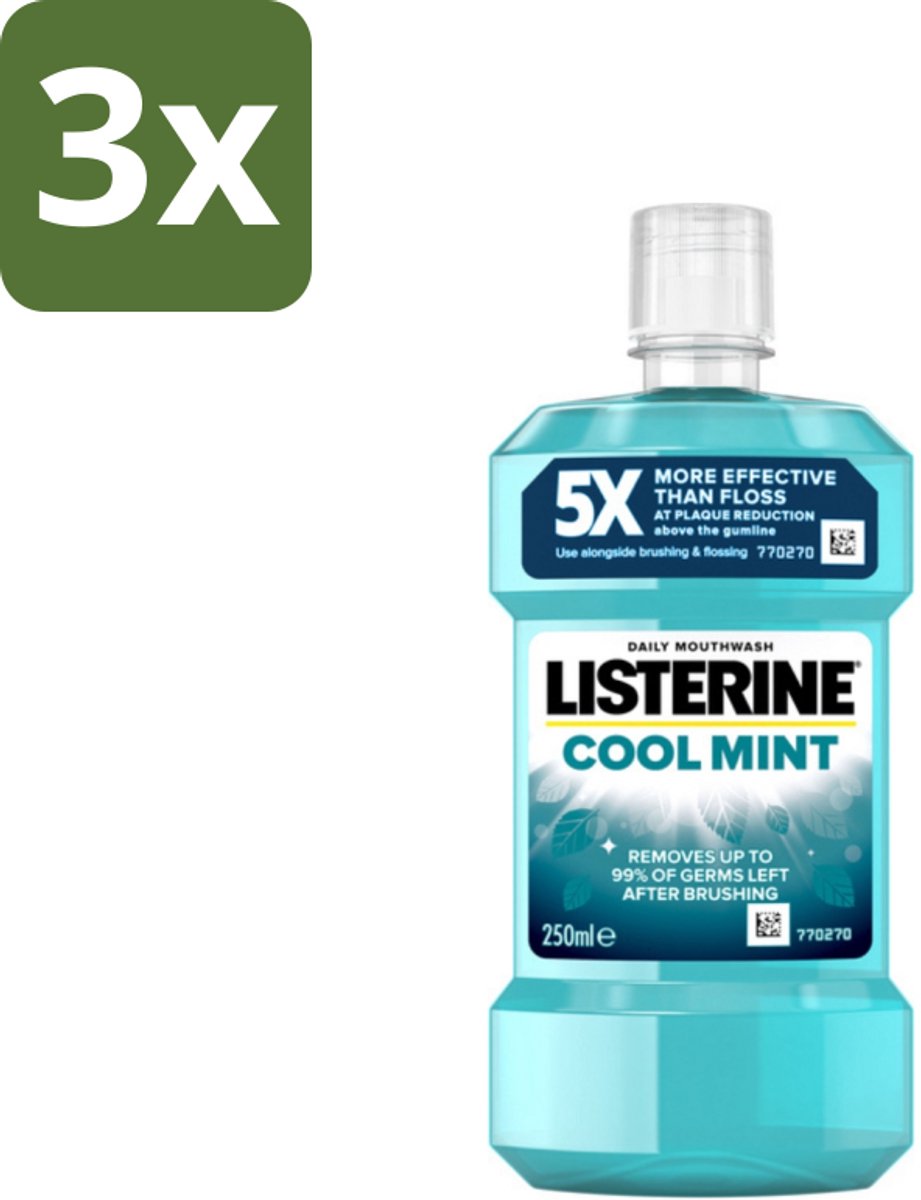 3 x Listerine - Mondwater - Cool Mint - 250 ml - Mondspoeling - Mondwater - Frisse Adem - Tandplak - Gezond Tandvlees