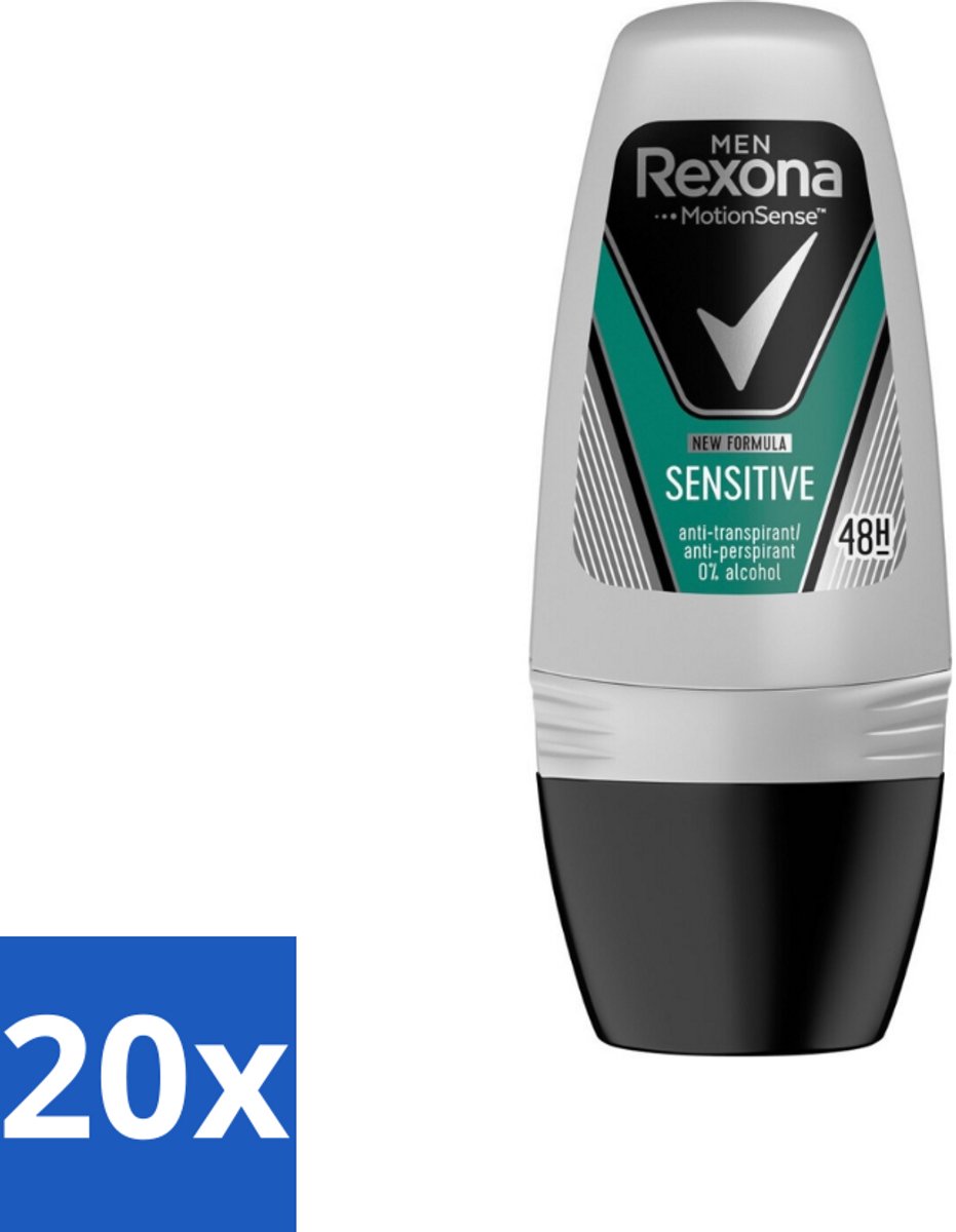 20 x Rexona Men - Sensitive - Deo Roll-on - Anti-transpirant - 50 ml - Gevoelige Huid - Deodorant Voor Mannen - Anti-transpirant - Roll-on Deodorant - Zweetbehandeling