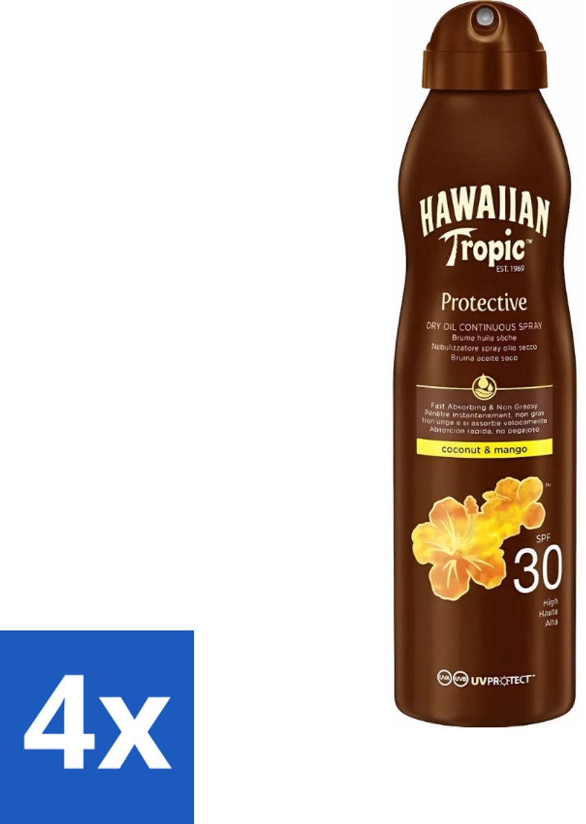4 x Hawaiian Tropic - Zonnebrand - Island Glow Dry Oil Continuous Spray SPF 30 - Hydraterend & Beschermend - 177 ml - Zonbescherming - Zonbrand Spray - Droge Olie - SPF 30 - Huidhydratatie