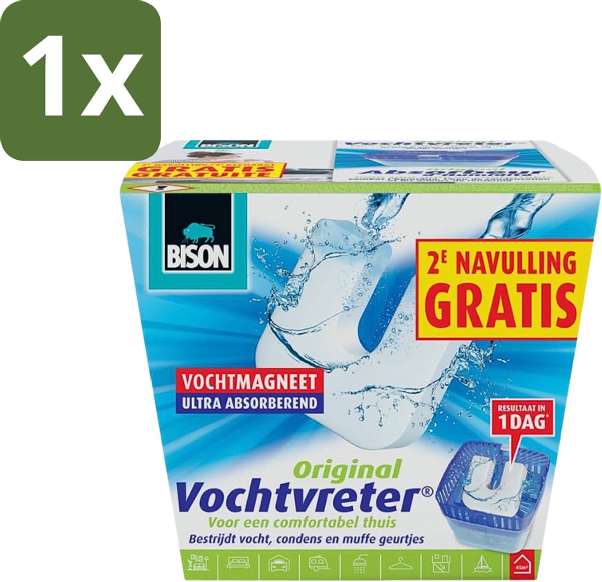 1 x Bison - Vochtvreter - Neutraal - Voor Woonruimtes, Campers & Caravans - 900 g + 2 Extra Navulmagneten - Vochtbestrijding - Vochtvanger - Vochtverwijdering - Condensbestrijding - Schimmelbestrijding