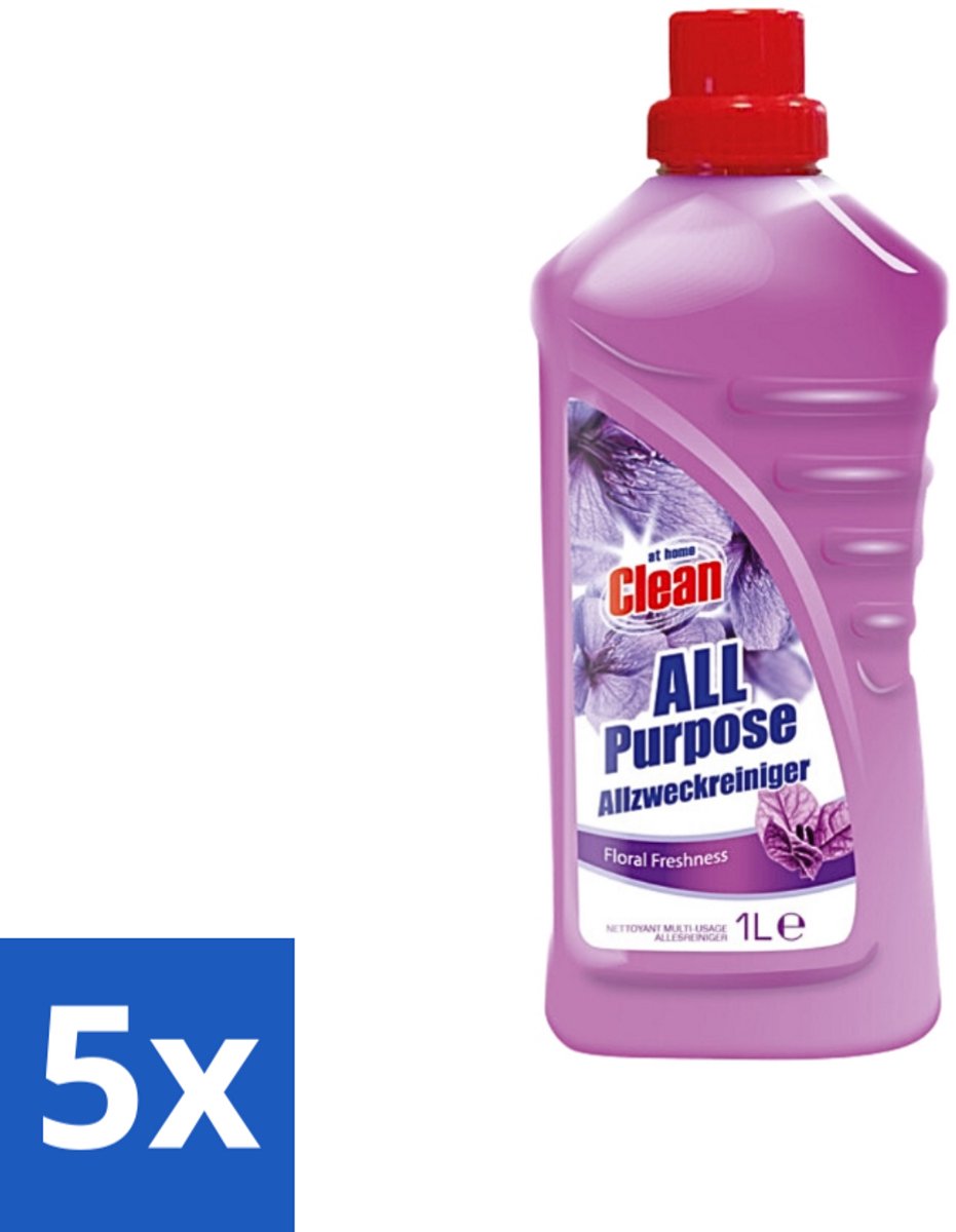 5 x At Home - Clean - Allesreiniger - Floral - Verfrissened - 1 L - Allesreiniger - Bloemige Geur - Reiniging - Huisreiniging - Vloerreiniger