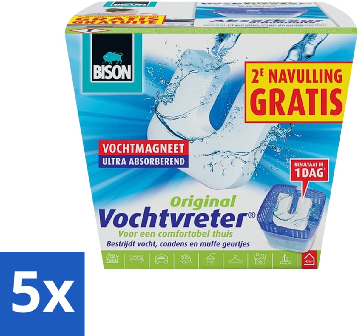 5 x Bison - Vochtvreter - Neutraal - Voor Woonruimtes, Campers & Caravans - 900 g + 2 Extra Navulmagneten - Vochtbestrijding - Vochtvanger - Vochtverwijdering - Condensbestrijding - Schimmelbestrijding