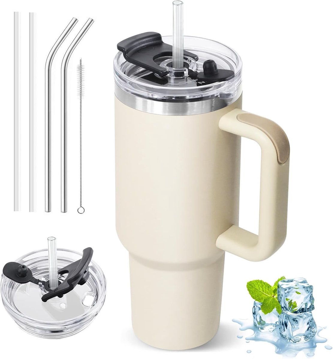 Thermobeker met Rietje - Crème-wit - 1200 ml - Roestvrijstalen Isolerende Beker met Handvat - Voor Koffie en Dranken On The Go