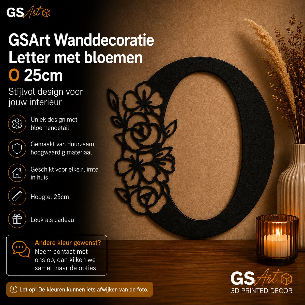 GSArt Wanddecoratie Letter met Bloemen – 25 cm - O