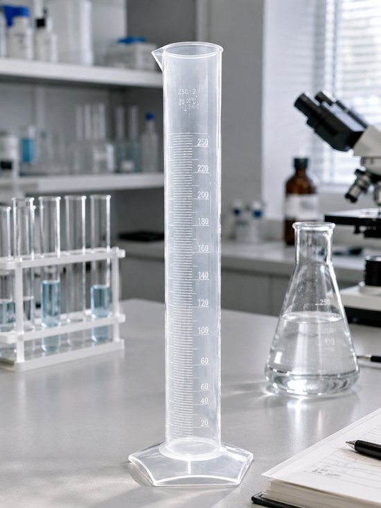 Transparante maatcilinder van 250 ml met schaalverdeling, op een laboratoriumbank met glaswerk en een microscoop.