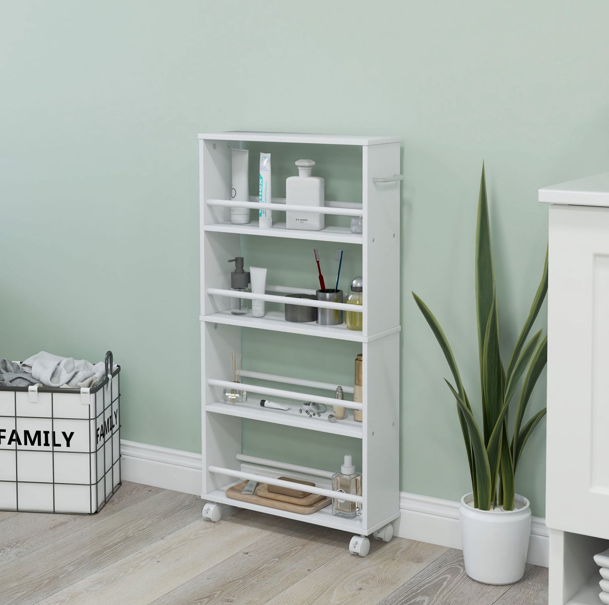 OKWISH Smalle Serveerwagen Op Wielen - 4 Lagen Open Opbergrek - Voor Keuken, Badkamer En Woonkamer - Spaanplaat - Wit