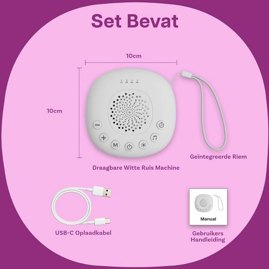 Verte White Noise Machine - 20 Rustgevende Geluiden - Timer - Oplaadbaar Via USB-C - Slaaphulp Met Nachtlampje Met Witte En Veelkleurige LED-Lampjes Voor Baby’s - Kinderen En Volwassenen - Wit van Verte — afbeelding 5