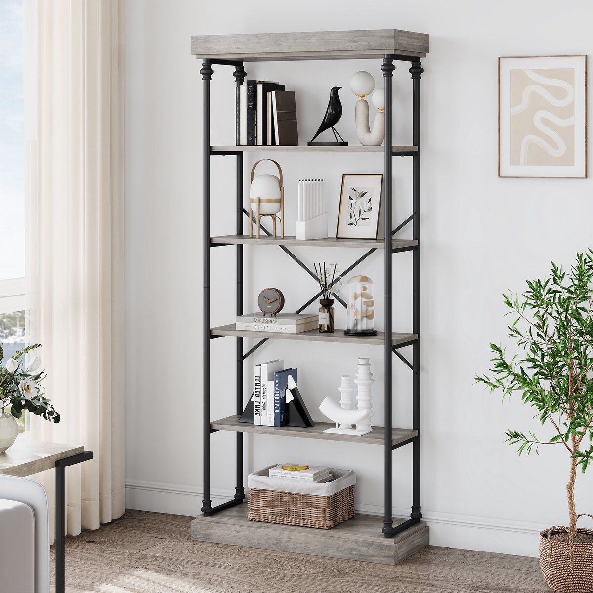 Hoge Boekenkast 6 Lagen - 80x30x187cm - Industriële Boekenkast - Open Planken - Vintage Opbergrek - Metalen Frame - Rustiek Display - Voor Woonkamer Slaapkamer Kantoor - Grijs