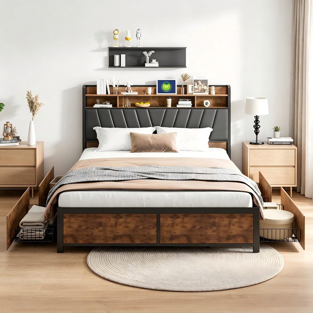 Opbergbed - 140x200 cm - 4 Opberglades - LED Hoofdbord met USB - Tweepersoonsbed voor Slaapkamer - MDF Metaal PU Leer - Zwart Vintage Bruin - Zonder Matras