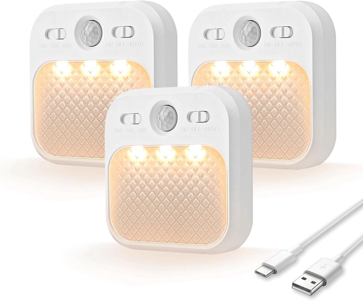 LED-nachtlampje met bewegingssensor (30 dagen stand-by), oplaadbaar lampje met bewegingssensor, magnetisch bevestigbaar lampje met USB-kabel, 3 detectiemodi, geschikt voor gangen, slaapkamers, kinderkamers en trappen (set van 3 stuks)