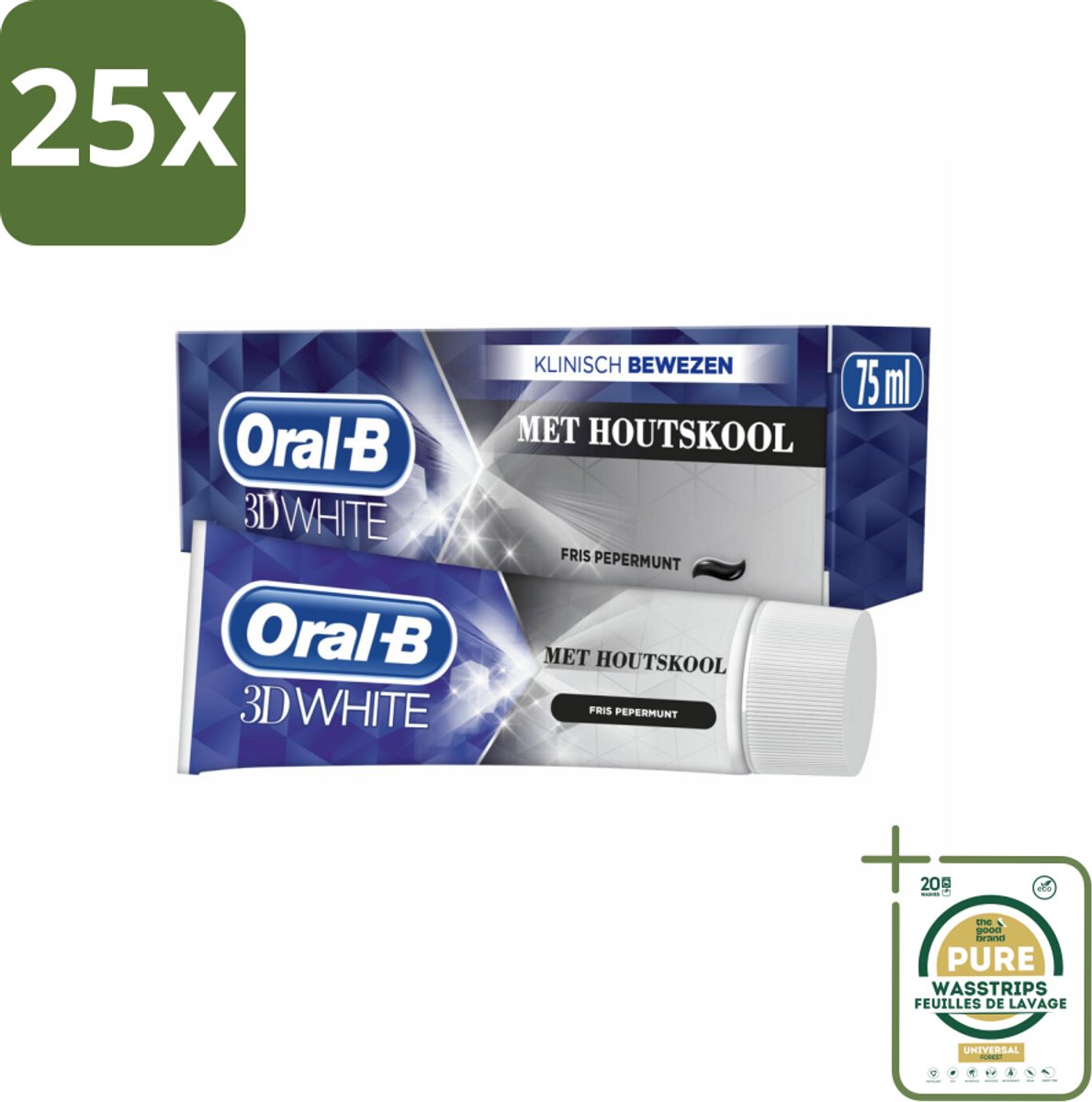 25 x Oral-B Tandpasta 3D White Houtskool 75 ml - Grootverpakking - Tandpasta Whitening - Houtskool Tandpasta - Witte Glimlach - Verkleuring Verwijderen - Diepe Reiniging