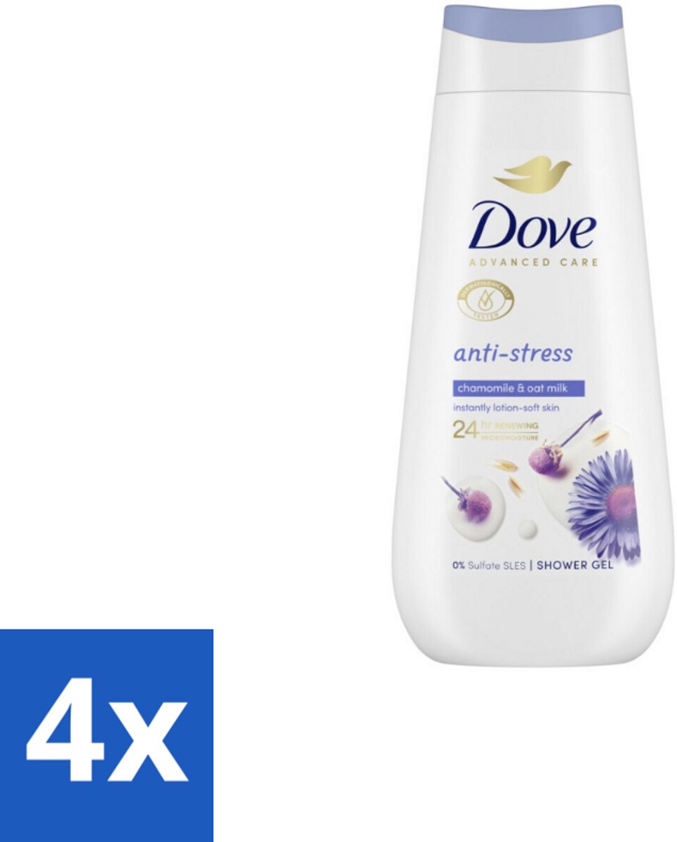 4 x Dove – Douchecrème – Anti-Stress – 225 ml - Douchecrème Anti-stress - Ontspannende Douchecrème - Droge Huid Verzorgen - Hydratatie - Blauwe Kamille