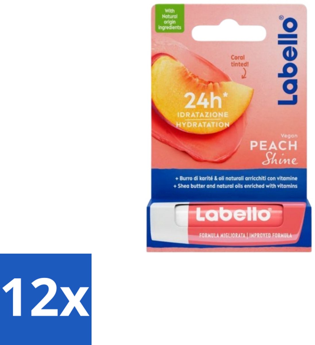 12 x Labello Lippenbalsem Blister Peach Shine 4,8 gr - Lippenbalsem - Vegan Lippenbalsem - Perzikaroma - Glans Lippen - Natuurlijke Lippenbalsem