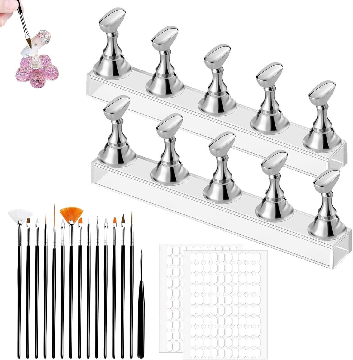 Set van 2 Magnetische Acryl Nagelstands, Inclusief 15 Nagelborstels en 200 Dubbelzijdige Plakband voor DIY Nagelkunst en Nagelontwerp Accessoires
