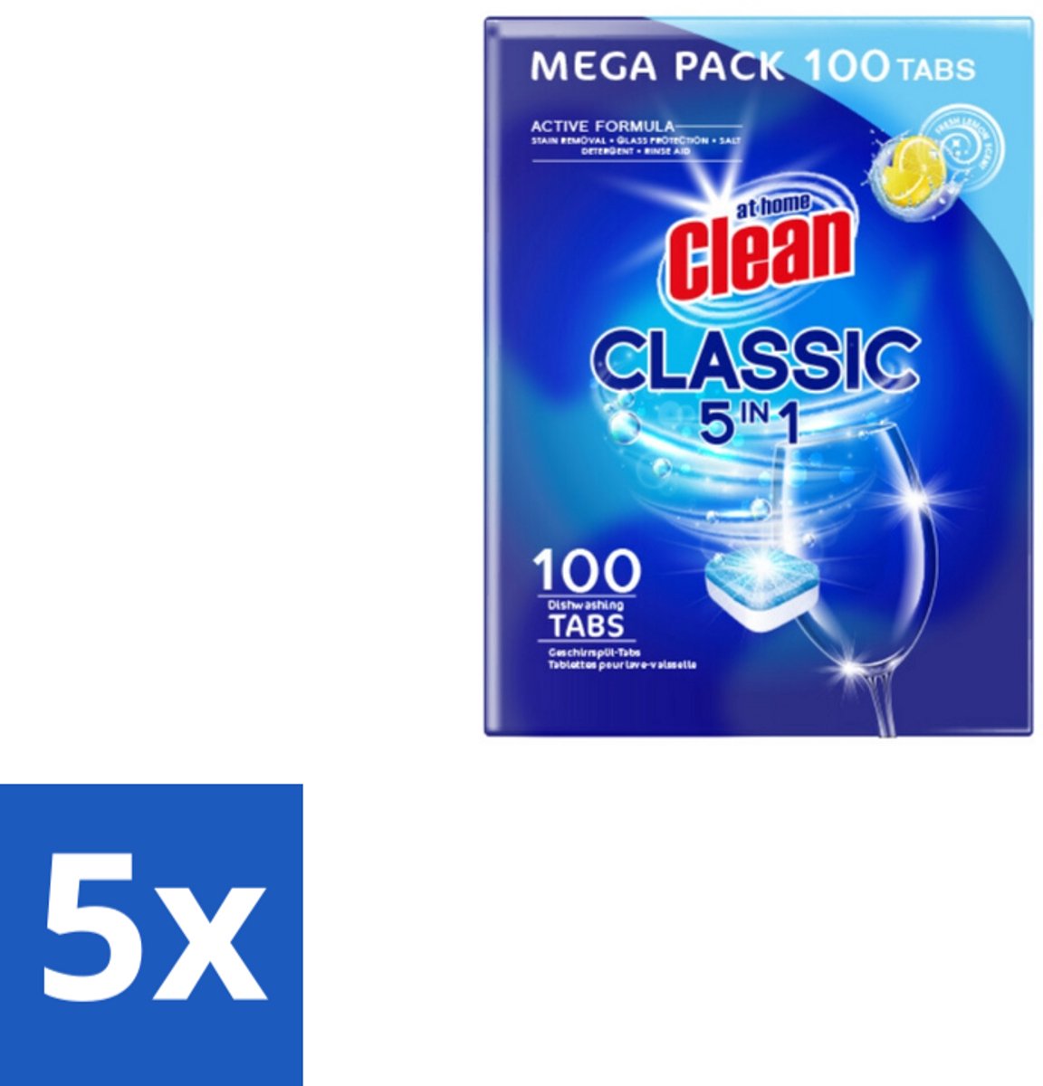 5 x At Home – Vaatwastabletten 5-in-1 – Classic Citroen – 100 Tabs - Vaatwastabletten - Vaatwasser - Reinigingsmiddel - Citroengeur - 5-in-1