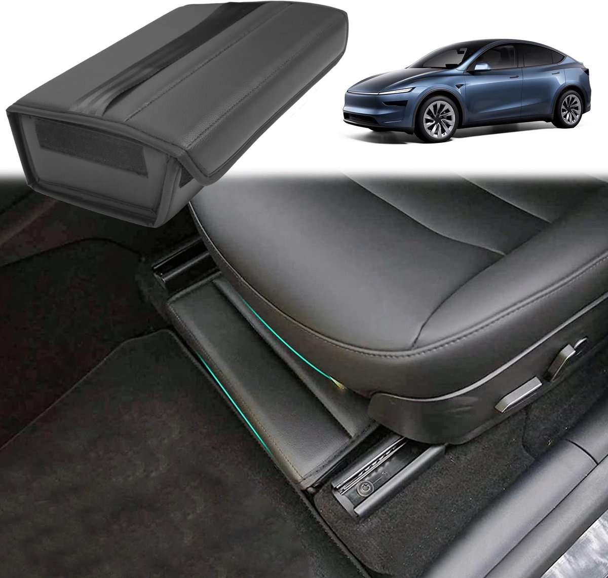 Elzusha - Tesla Model Y Onder Stoel Organizer - PU Leer, Inclusief Magische Stickers