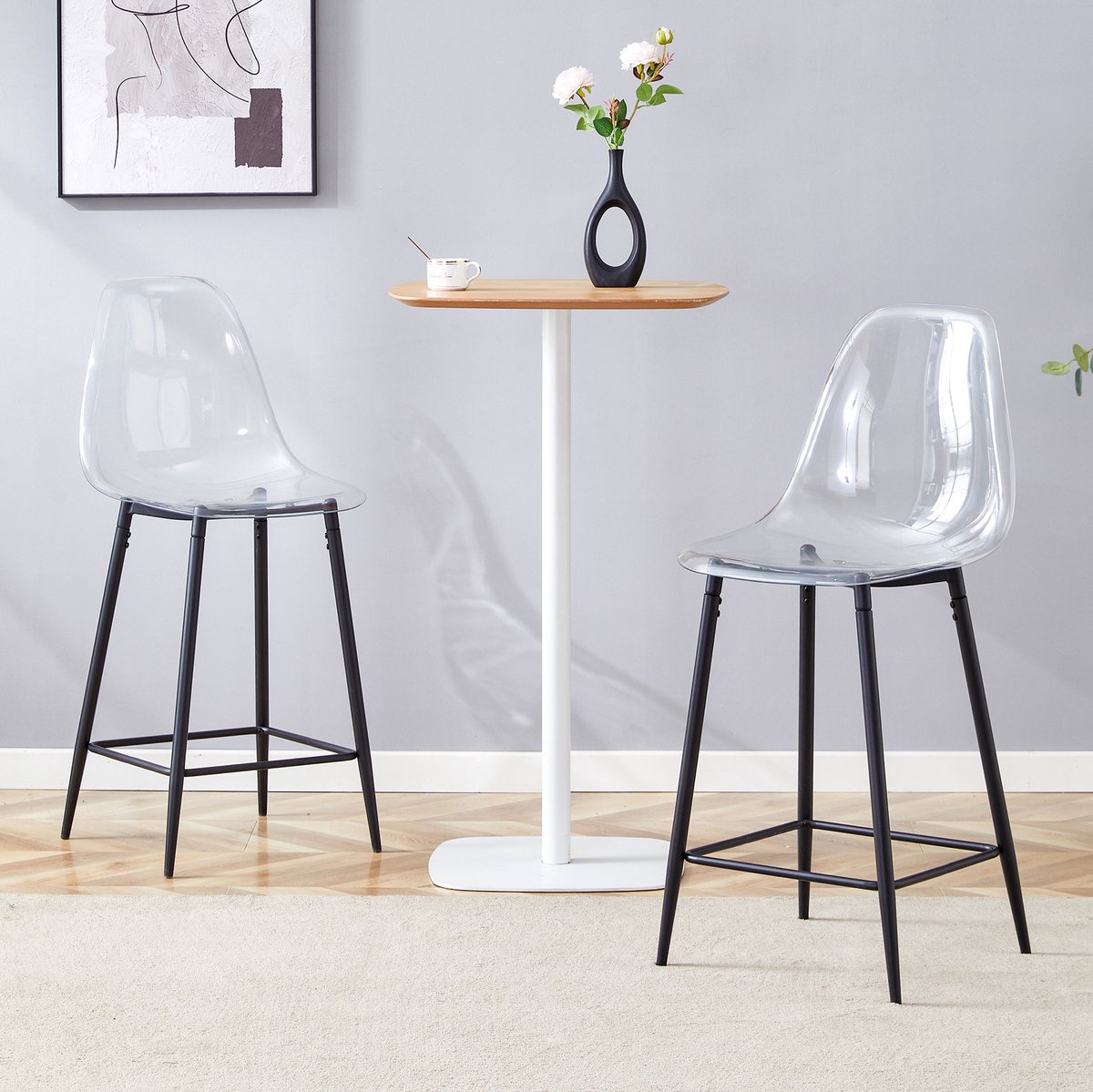 MIVRAY Barkruk Set van 2 - Transparant Metalen Frame - Met Rugleuning En Voetsteun - Voor Keuken Eiland En Bar - Kunststof Zwart