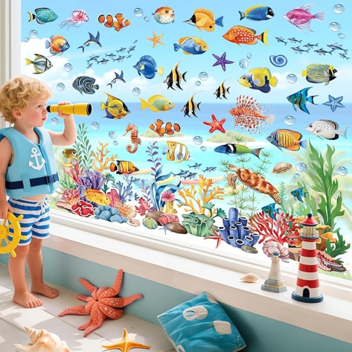 Oceaan raamstickers - Zomer onder de zee vis, zeewier - anti-botsing glasstickers - dubbelzijdig statisch - 9 vellen