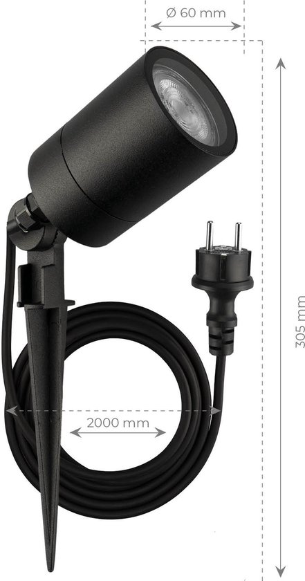 Zwarte Ledvion grondspot met stekker, 2 meter kabel, 60 mm breed en 305 mm hoog.