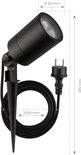 Zwarte Ledvion grondspot met stekker, 2 meter kabel, 60 mm breed en 305 mm hoog.