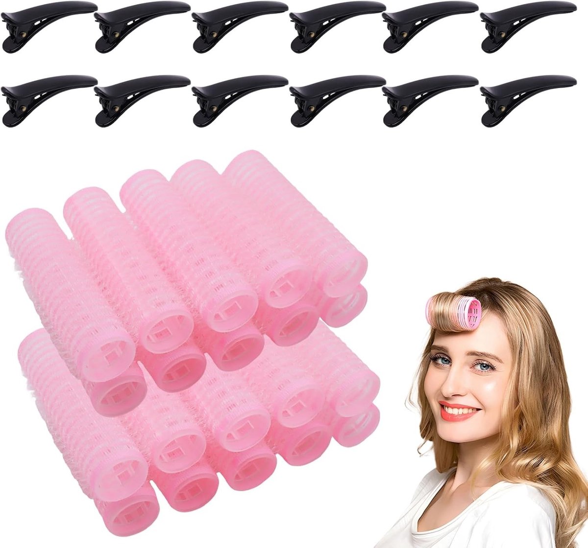 Set van 20 Zelfklevende Haarrollers (17mm) voor Makkelijk Volume en Krullen, Inclusief 12 Zwarte Duckbill Clips voor Thuis of Salon Styling