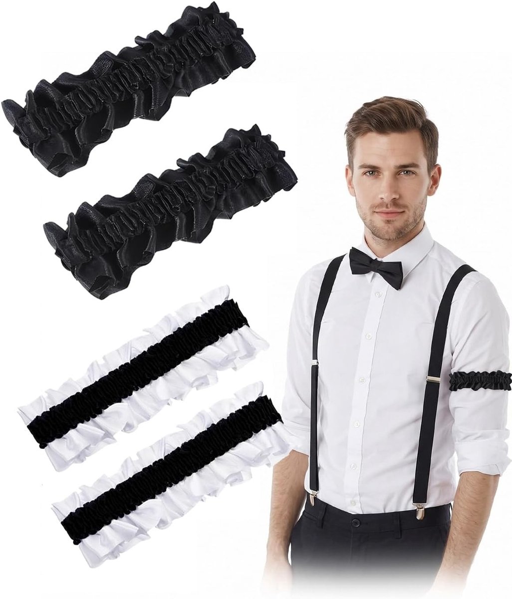 Set van 4 Elastische Mouwenhouders, Antislip Armband, Retro Suspender Garter en Riem voor Feestkostuums, Geschikt voor Mannen en Vrouwen, Accessoires voor Verkleedpartijen