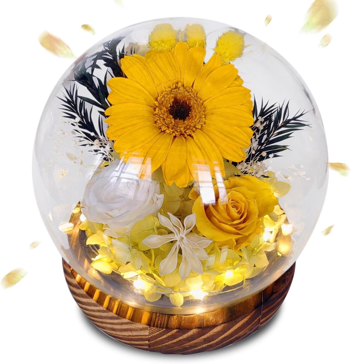 Eeuwige roos van glas met LED-verlichting, gestabiliseerde roos als uniek cadeau voor haar, moeder of vrouw, perfect voor verjaardag, Kerstmis en Moederdag, sfeervol warm licht met houten basis