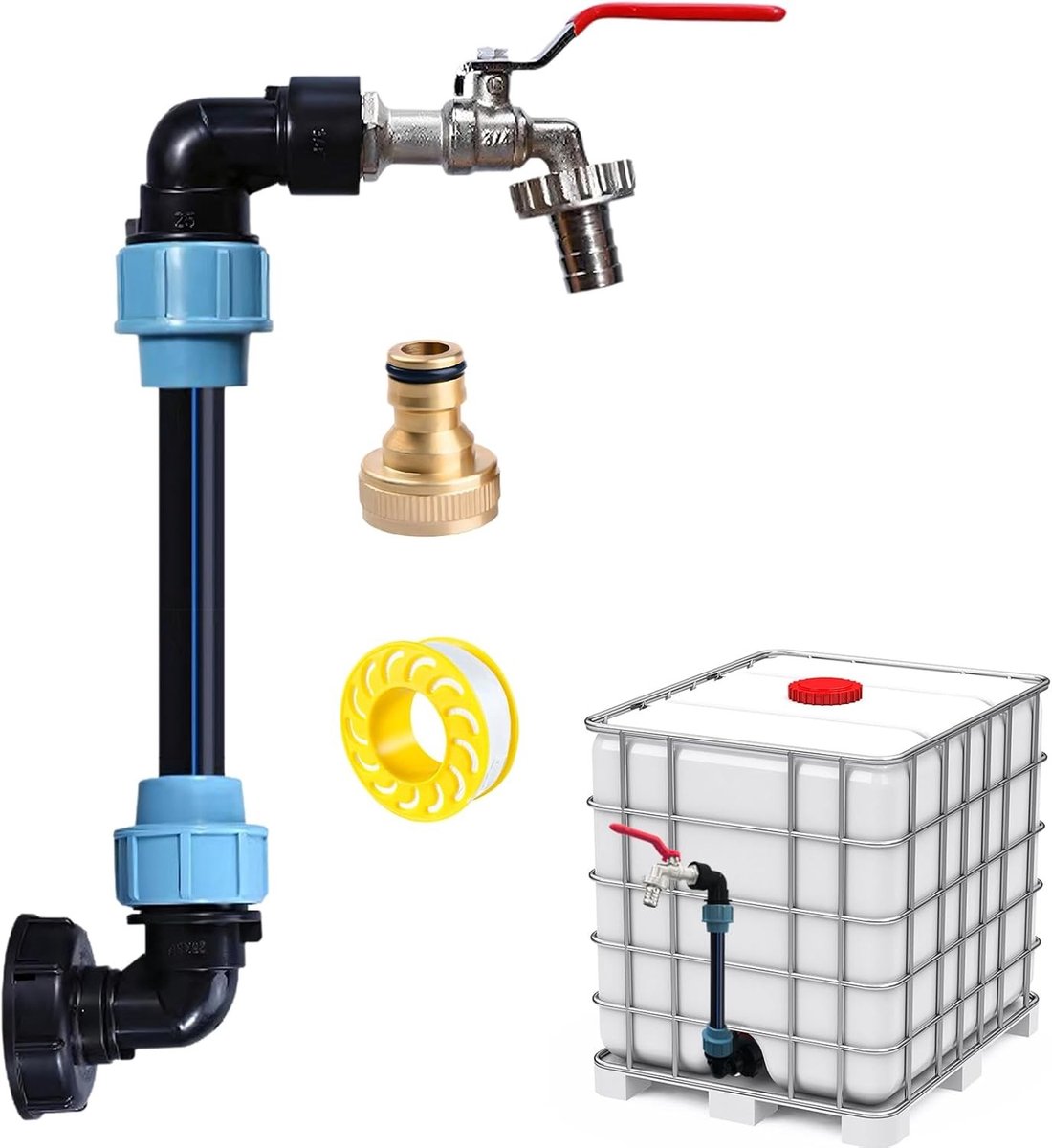 IBC Gooseneck 3/4 Inch Spout Tap Adapter met S60 x 6 Aansluitset en Kraanafsluiter voor 2 IBC Tanks, Regenwateropslag, Wateropvangsysteem