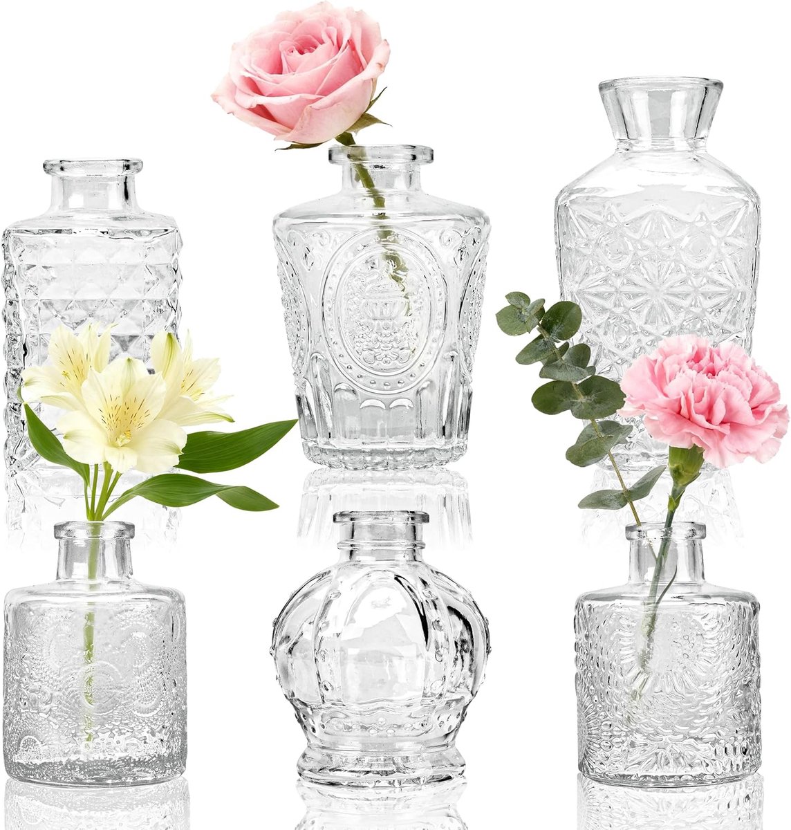 BTSD-home Set van 6 vazen voor bloemen, kleine vazen voor tafeldecoratie met elegant design, robuuste mini-vazen voor - ShopVlot