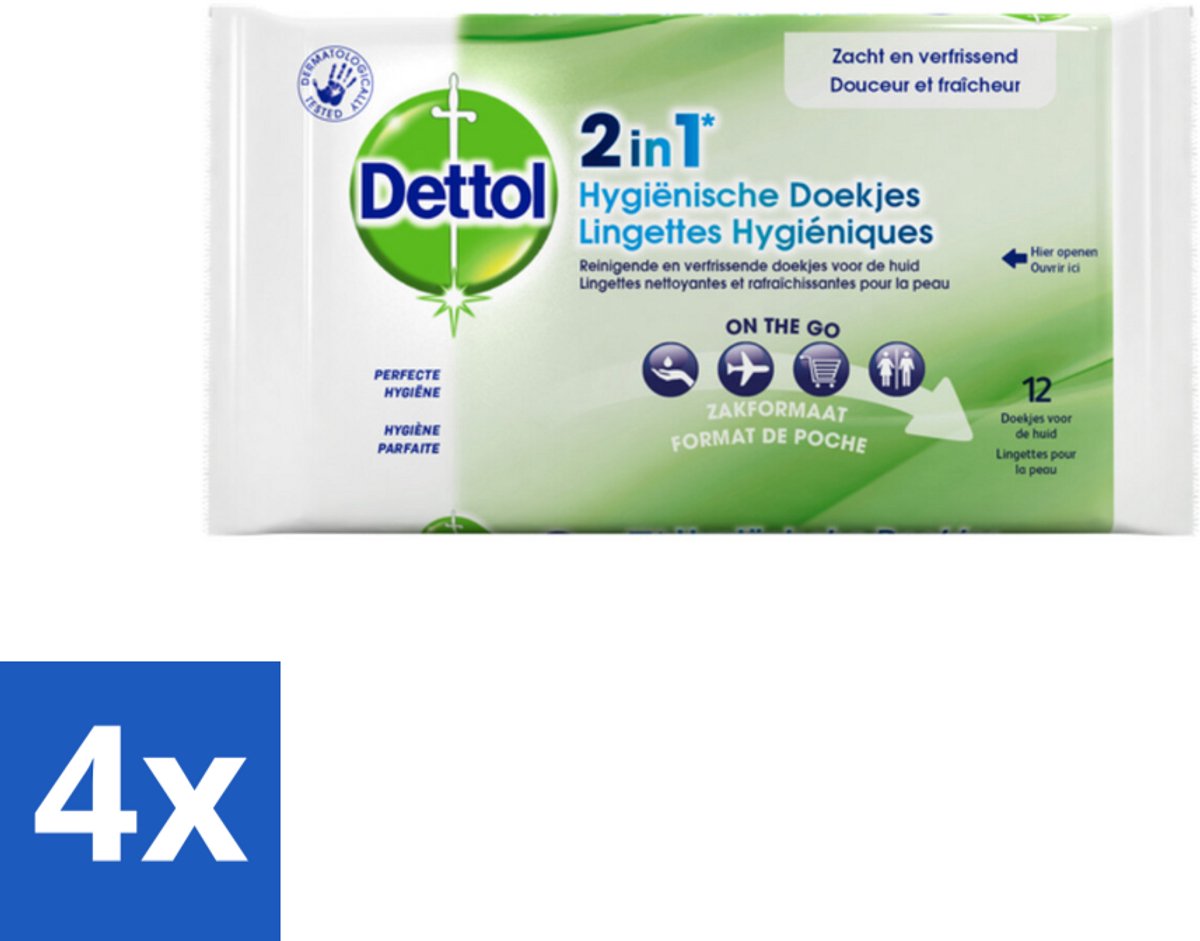 4 x Dettol - Reinigingsdoekjes - 2-in-1 Reiniging & Desinfectie - On the Go - 12 Doekjes - Hygiënische Doekjes - Reinigingsdoekjes - Desinfectiedoekjes - Antibacteriële Doekjes - Reistip