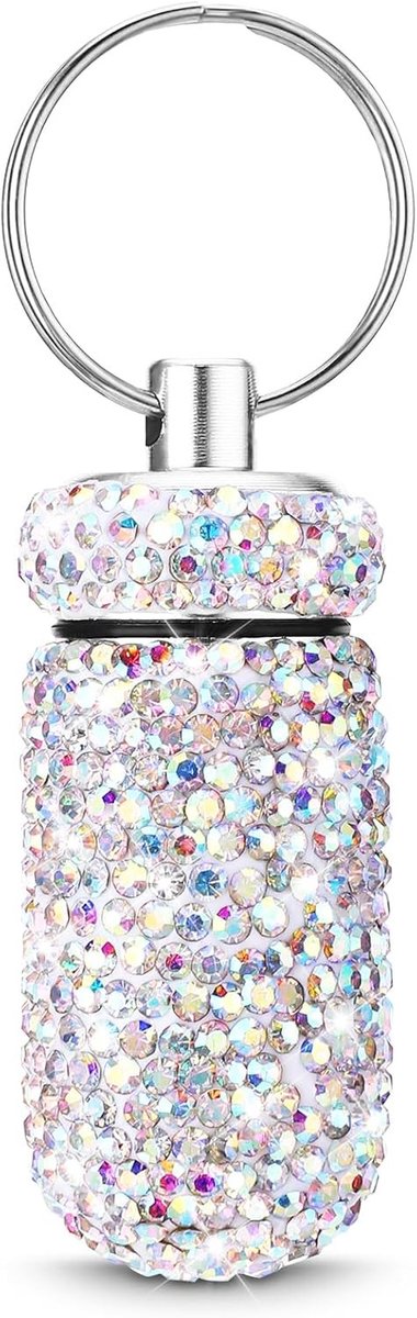 Draagbare pillendoos voor reizen met bling rhinestones, waterdichte medicijnopslag en sleutelhanger voor buitenactiviteiten en kamperen