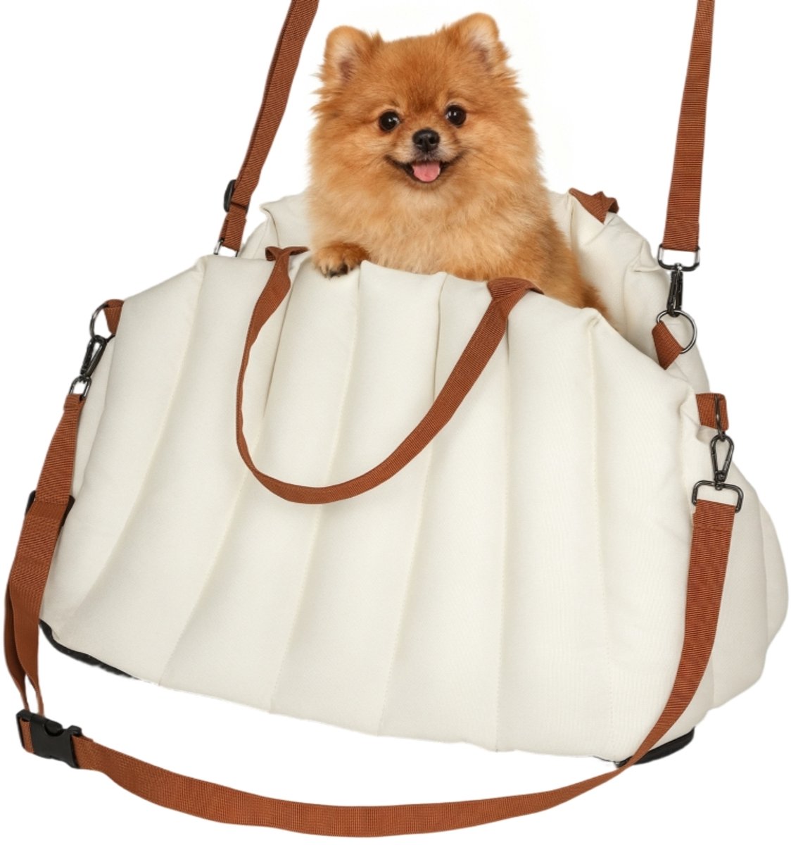 Autostoeltje voor kleine honden met riem en antislipbasis, om te bouwen tot opbergtas voor huisdieren, crèmekleurig