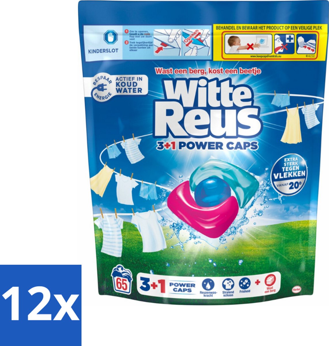 12 x Witte Reus - 3+1 Power Caps - Witte Was - 65 Wasbeurten - Wascapsules - Wit Wasgoed - Wasmiddel - Vlekkenverwijderaar - Energiezuinig Wassen