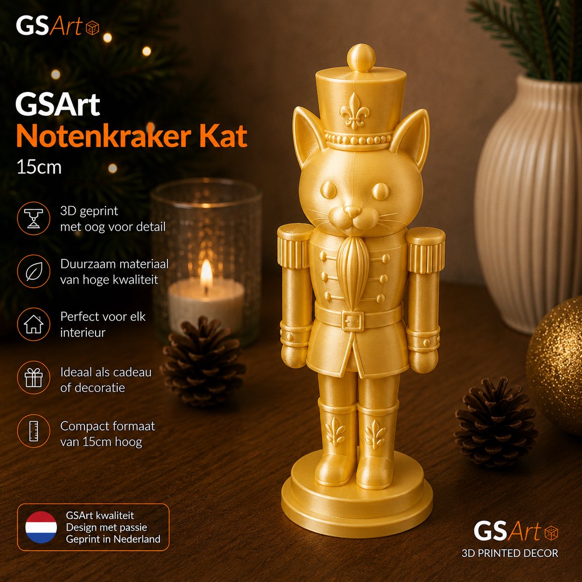 GSArt Notenkraker Kat 15cm – 3D-geprinte kerstdecoratie - Zijde Goud