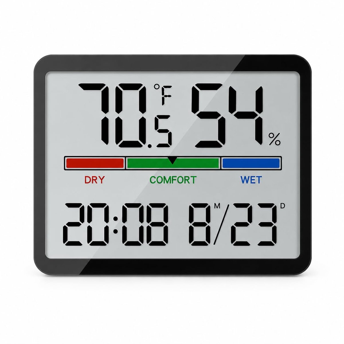 Digitale hygrometer, binnenthermometer met klok en luchtvochtigheidsmeter - Zwart | Temperatuurmeter, comfortindicator, wandmontage, magnetisch/bureau, alarm, voor slaapkamer, babykamer, kantoor en keuken