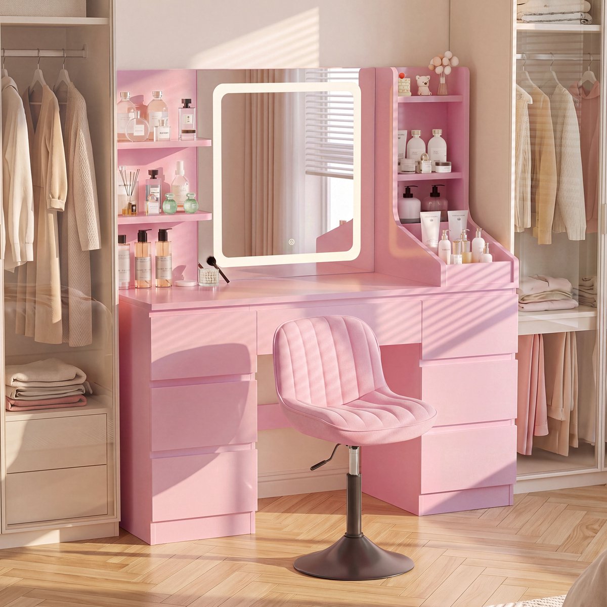 Devoko Kaptafel 108 x 40 x 139 cm met LED Spiegel en Fluwelen Stoel - 7 Lades, Zijvakken en 3 Lichtkleuren - Roze