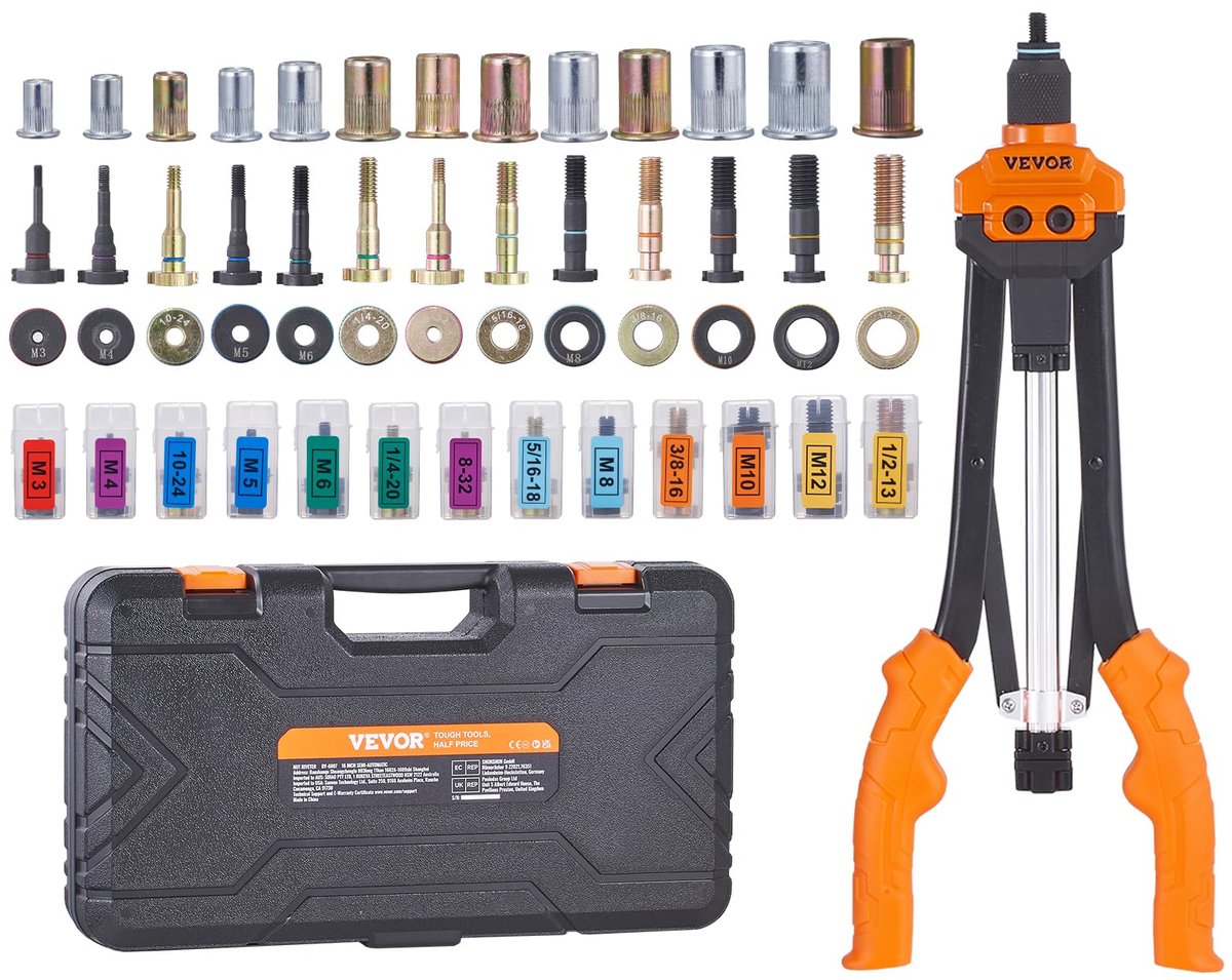 VEVOR Klinknagel Moer Gereedschap, 16" Klinknoot Tool Kit met 13 STKS Metrische en SAE doorns, 186 STKS Klinknagel - ShopVlot