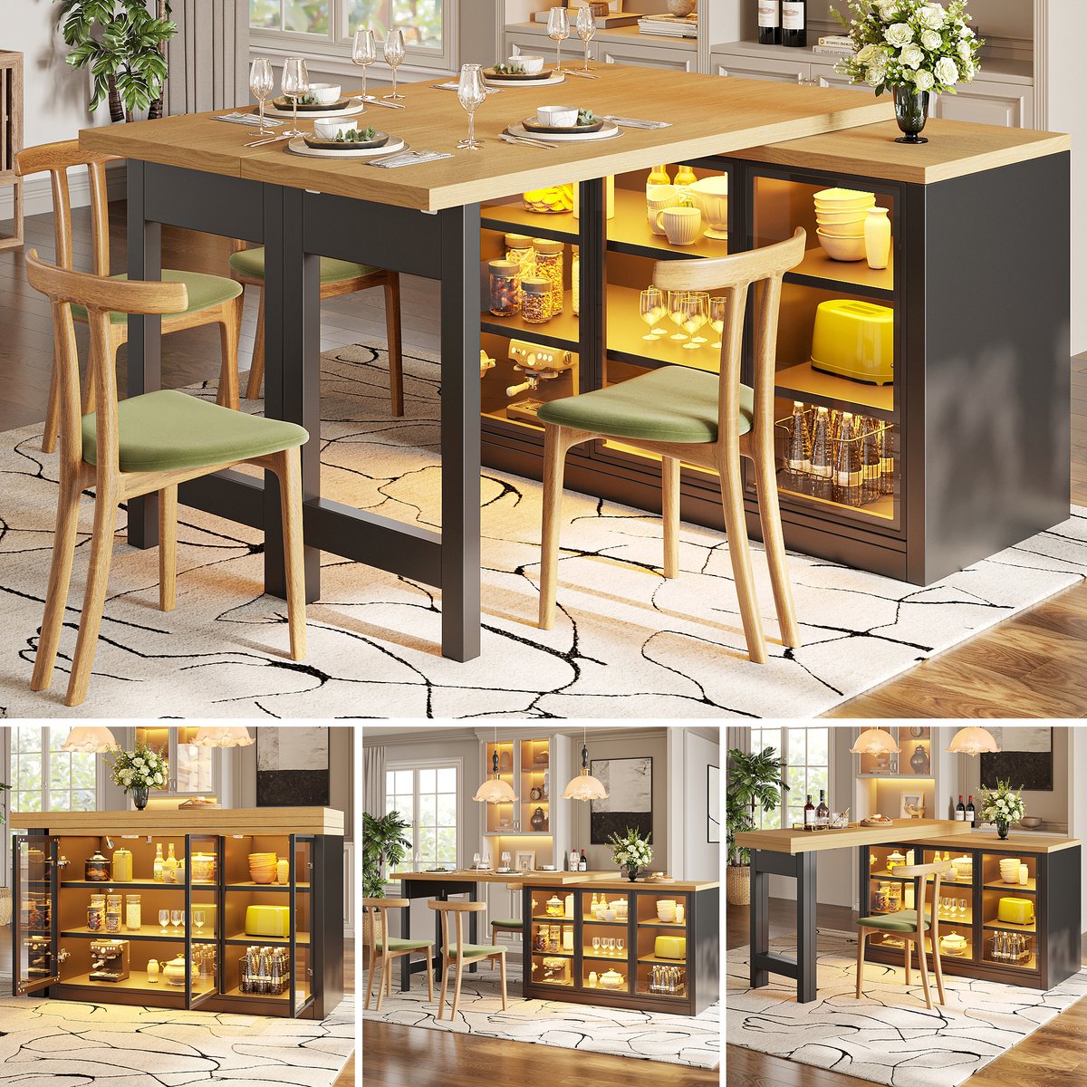 Clruro Keukeneiland - 120-197 x 40 x 72 cm - 360° Draaibaar - App-LED en Glazen Deuren - MDF - Zwart