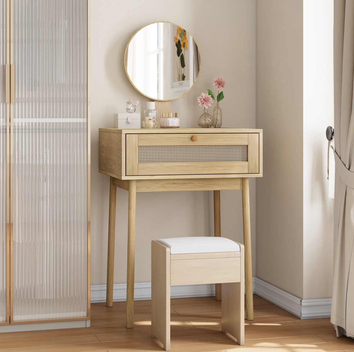 MODENUIT Kaptafel 60 x 50 x 128 cm - Met Spiegel En 1 Lade - Voor Slaapkamer En Kantoor - MDF Hout - Oak