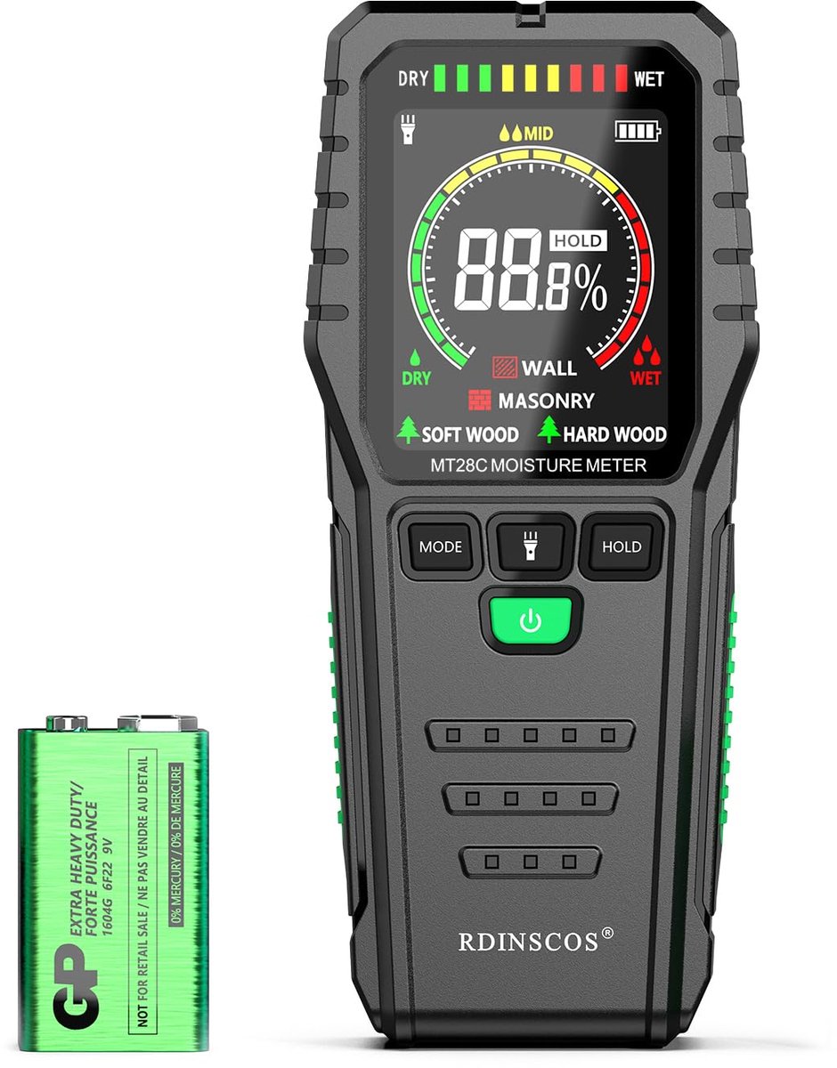 RDINSCOS Pinloze vochtmeterdetector, niet-invasieve vochtmeter voor muren hout metselwerk, nauwkeurige 4 modi - ShopVlot