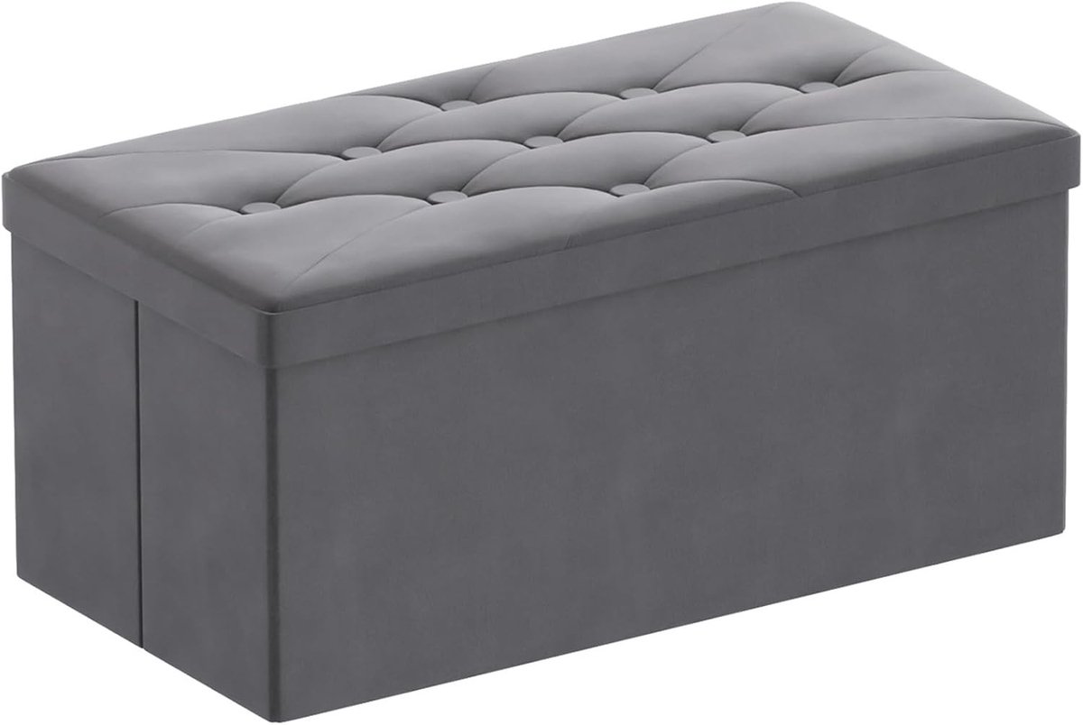 Vouwbare Fluwelen Opberg Ottoman met Tufting, Multifunctionele Voetenbank met Hoogwaardige Schuimvulling en 80L Opbergruimte, Grijs