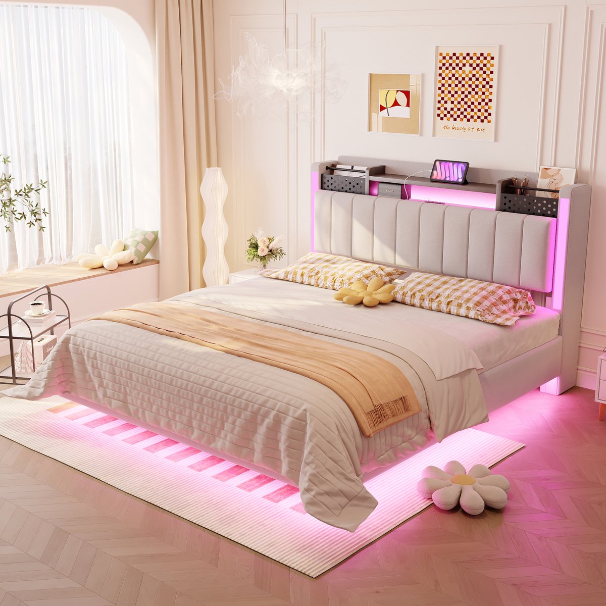 Gepolsterd Bed 140x200 cm - Met Opbergruimte - Met LED-verlichting - Met USB-aansluiting - Beige