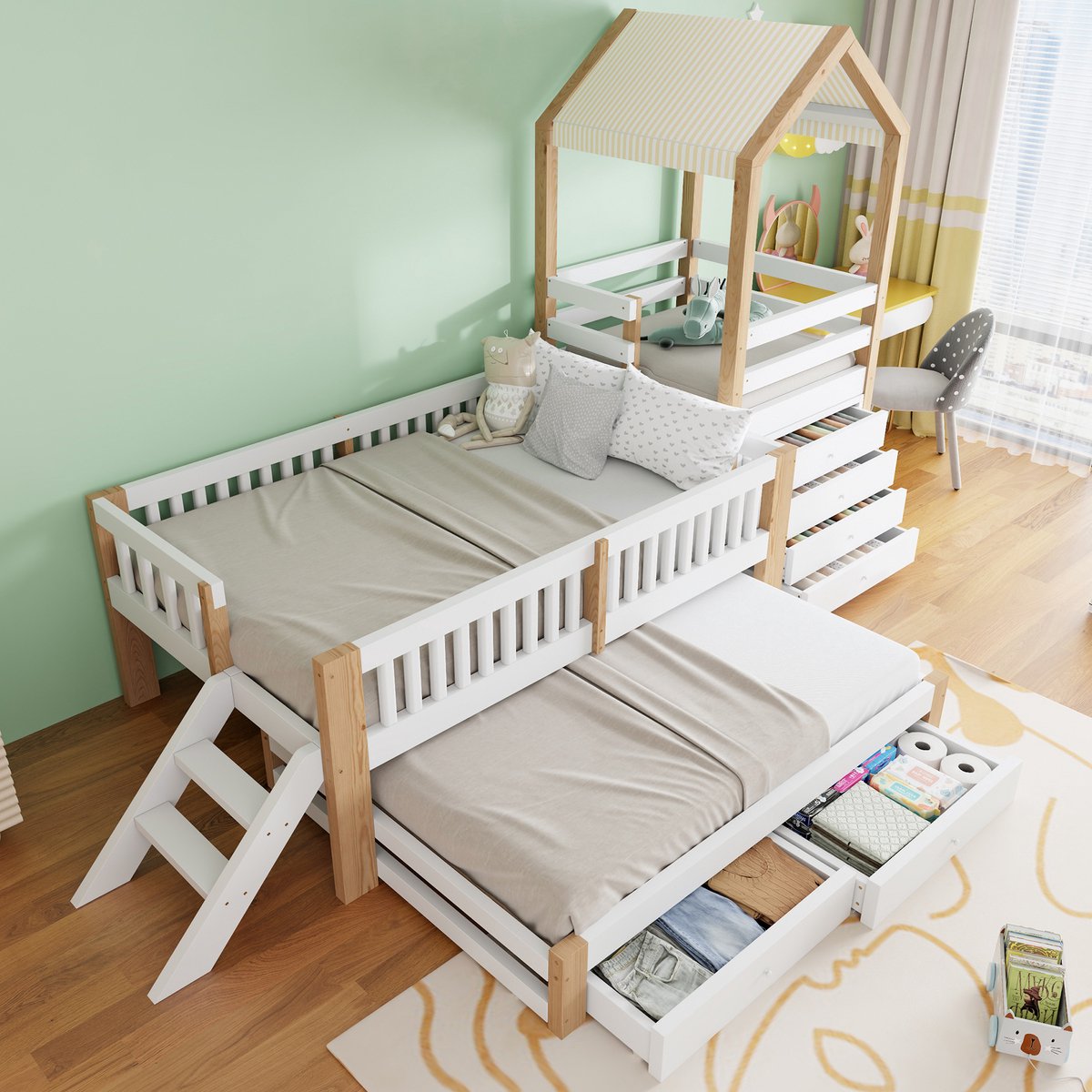 Stapelbed 90x190 cm - Met Opbergruimte - Met Lades - Uitschuifbaar - Wit Naturel